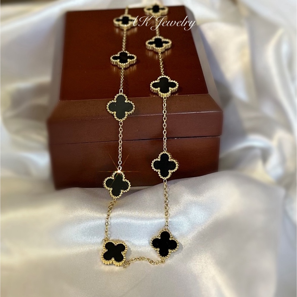 💎LUXURY 18K QUATREFOIL Clover 10 Motif Necklace, Black Mother of Pearl Style